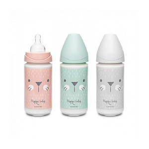 Бутылка Suavinex "Серый зайка с крапинками", с круглой силиконовой соской, стекло, 240 мл